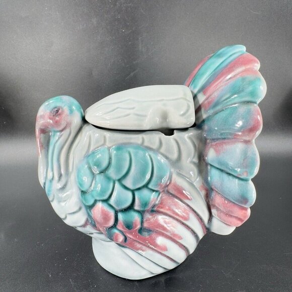 Vintage Tom and Hen Ceramic Turkey Bird Sugar Bowl Dish With Lid Marked Vintage - Picture 12 of 14